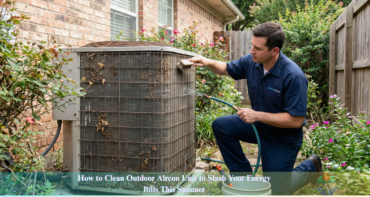 Technician is cleaning outdoor aircon unit