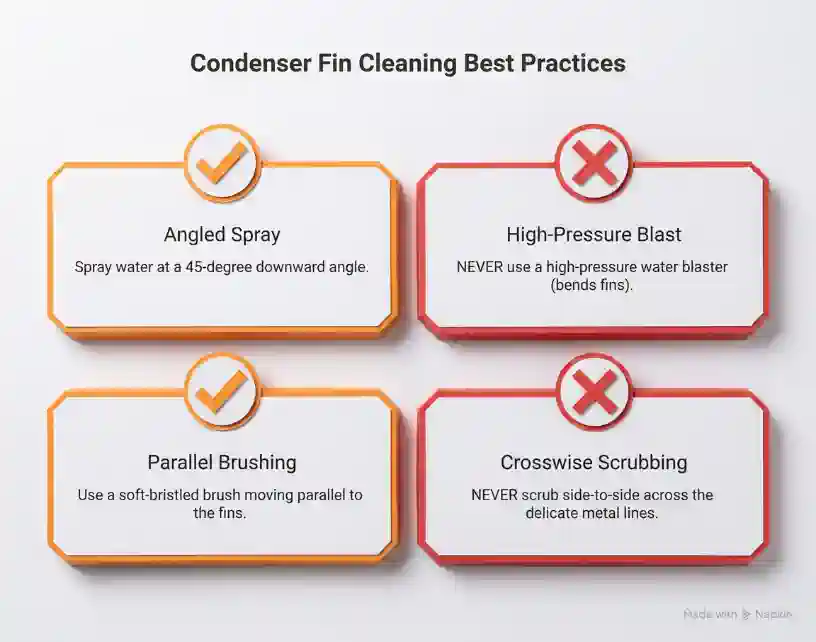 Infographic showing condenser fin cleaning dos and don'ts, including proper water spray angle, soft-bristle brushing, and avoiding high-pressure washing or side-to-side scrubbing.