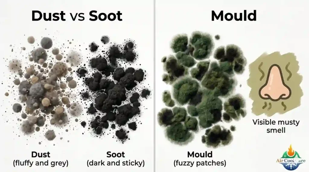 Infographic comparing black dust soot versus black mould in air conditioning vents