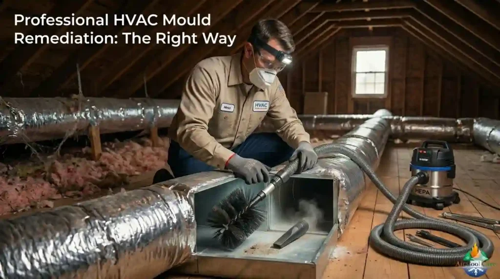 Professional HVAC technician performing mould remediation on dirty air ducts