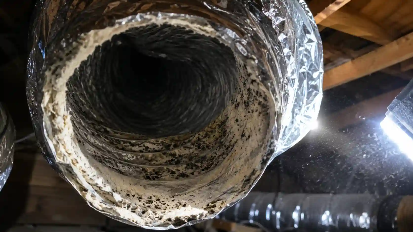 Close-up shot of an open flexible air duct in a roof space showing internal dust and dark mould spots.